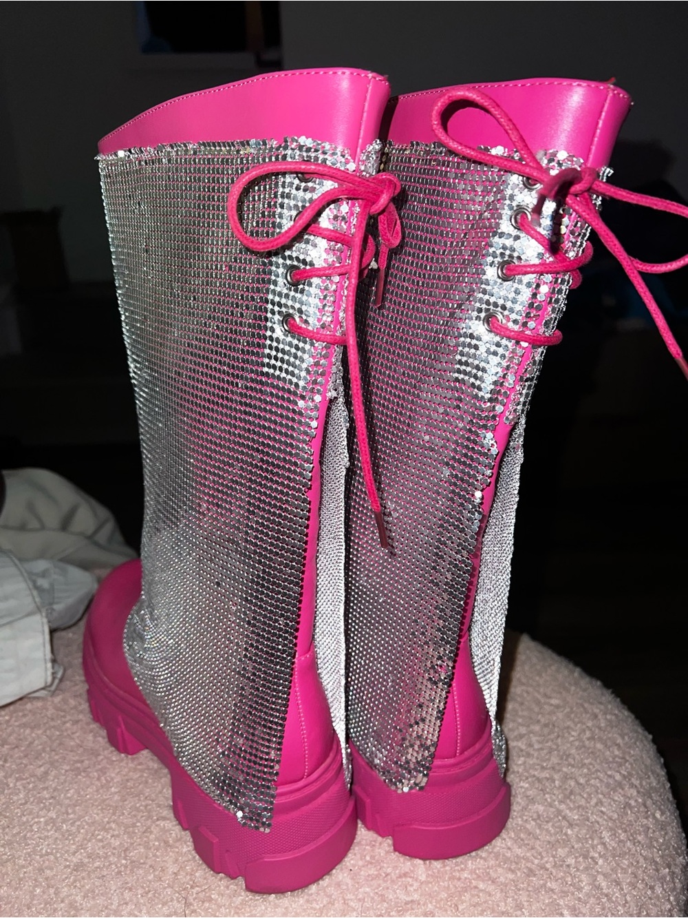 Pink Rave/Festival Mesh Overlay Combat Boots for Women ASIS